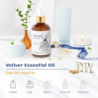 HIQILI 100% reines Vetiver-Öl, 30 ml – Natürliches ätherisches Öl für Haut und Kerzenherstellung