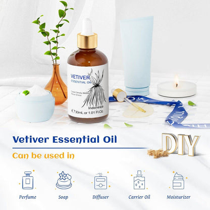 HIQILI 100% reines Vetiver-Öl, 30 ml – Natürliches ätherisches Öl für Haut und Kerzenherstellung