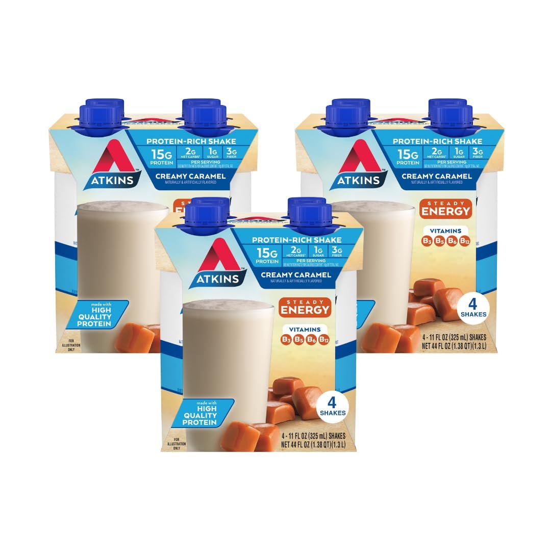 Atkins Energy Shake Cremiges Karamell, 4er-Pack (3er-Pack) – 12 Flaschen