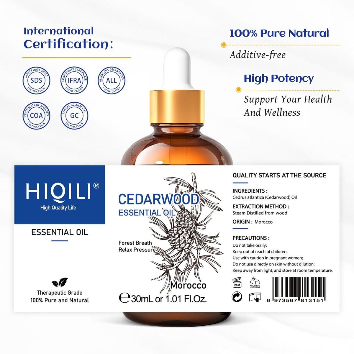 HIQILI 30 ml Zedernholz ätherisches Öl, 100% rein natürlich – für Haare, Diffuser & Aromatherapie
