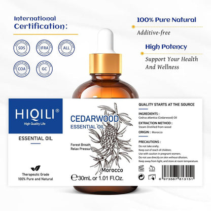 HIQILI 30 ml Zedernholz ätherisches Öl, 100% rein natürlich – für Haare, Diffuser & Aromatherapie