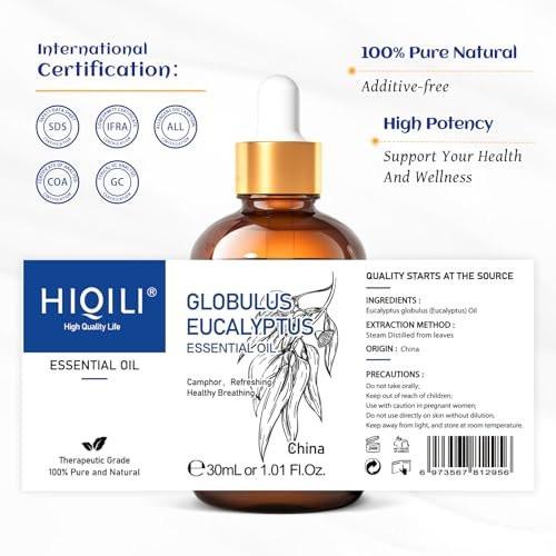 HIQILI Eukalyptus Bio Öl 30 ml – 100% reines Naturtherapeutikum, Premium-Glaspipette für Diffuser, Luftreiniger, Reinigung, Hautpflege