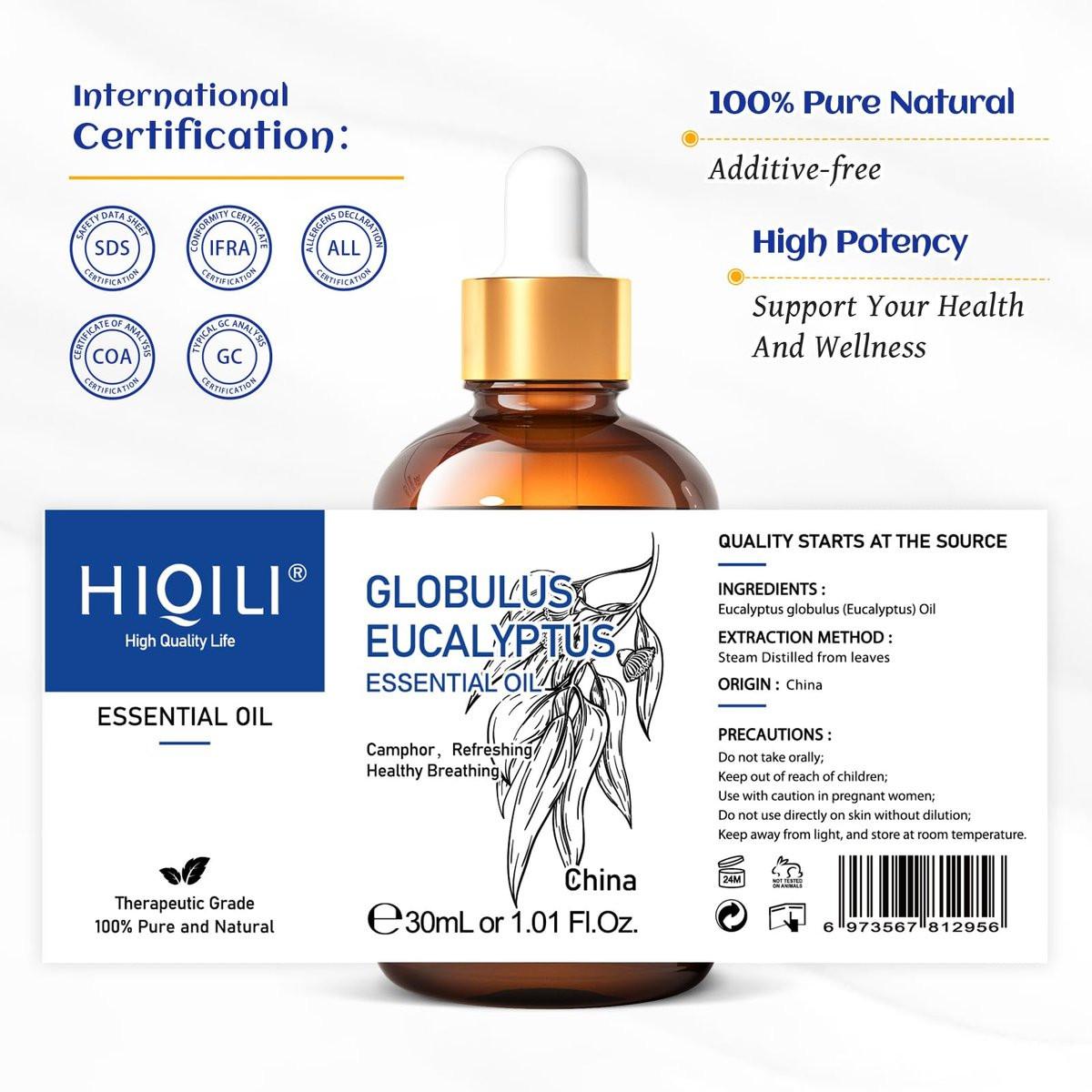 HIQILI Eukalyptus Bio Öl 30 ml – 100% reines Naturtherapeutikum, Premium-Glaspipette für Diffuser, Luftreiniger, Reinigung, Hautpflege