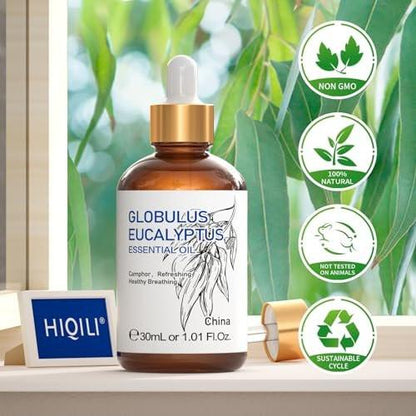 HIQILI Eukalyptus Bio Öl 30 ml – 100% reines Naturtherapeutikum, Premium-Glaspipette für Diffuser, Luftreiniger, Reinigung, Hautpflege