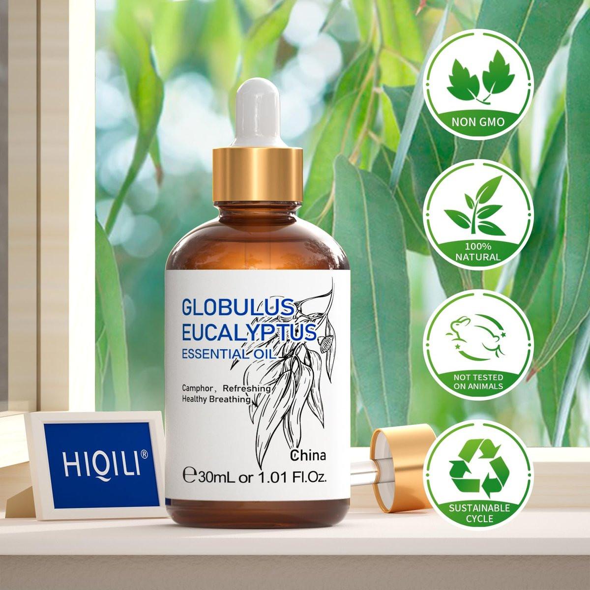 HIQILI Eukalyptus Bio Öl 30 ml – 100% reines Naturtherapeutikum, Premium-Glaspipette für Diffuser, Luftreiniger, Reinigung, Hautpflege