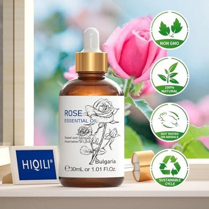 HIQILI Rosenöl 30 ml, 100% reines therapeutisches Bio-Öl für Aromatherapie, Diffuser, Hautpflege, Massage, inklusive Pipette