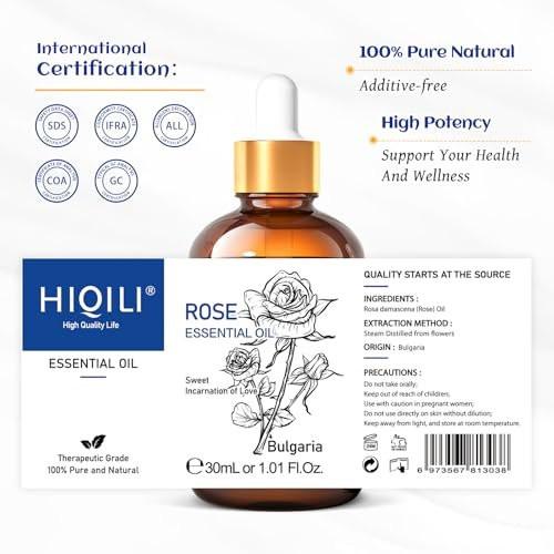HIQILI Rosenöl 30 ml, 100% reines therapeutisches Bio-Öl für Aromatherapie, Diffuser, Hautpflege, Massage, inklusive Pipette