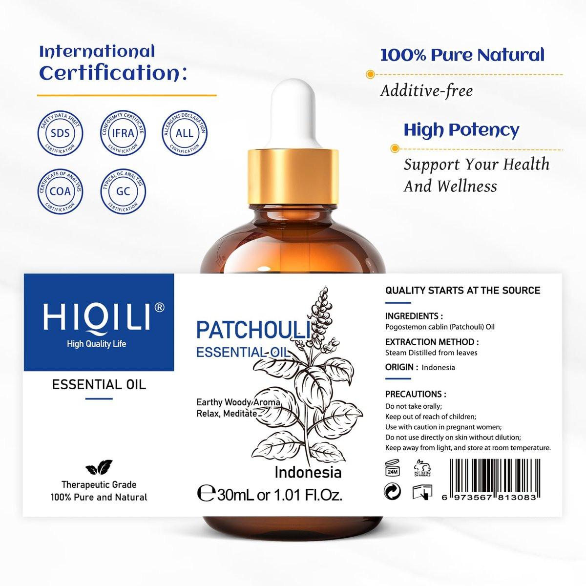 HIQILI Bio Patchouli Öl 100% Rein - 30 ml für Diffuser, Parfüm, Hautpflege, Aromatherapie
