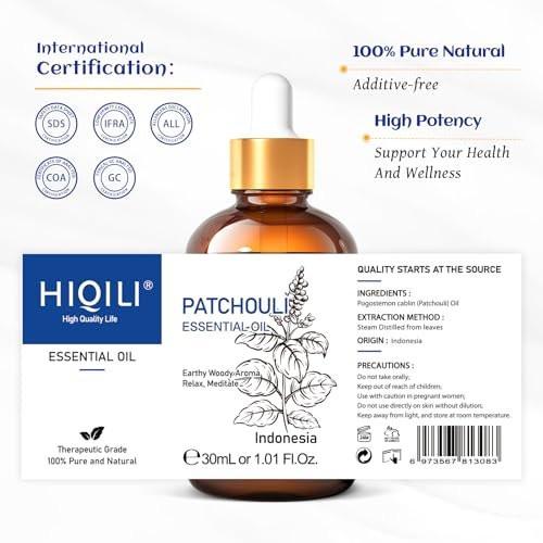 HIQILI Bio Patchouli Öl 100% Rein - 30 ml für Diffuser, Parfüm, Hautpflege, Aromatherapie