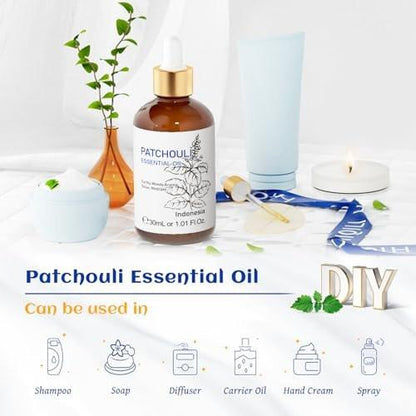 HIQILI Bio Patchouli Öl 100% Rein - 30 ml für Diffuser, Parfüm, Hautpflege, Aromatherapie