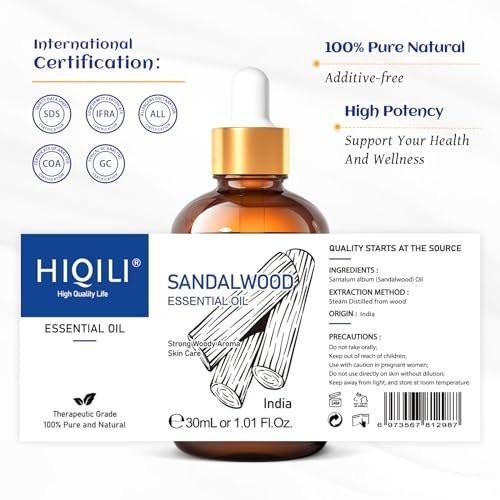 HIQILI Sandelholz Ätherisches Öl 30 ml, 100% rein natürlich therapeutische Qualität für Haut, Diffuser, Parfüm, Kerzen- und Seifenherstellung, inklusive hochwertiger Glaspipette