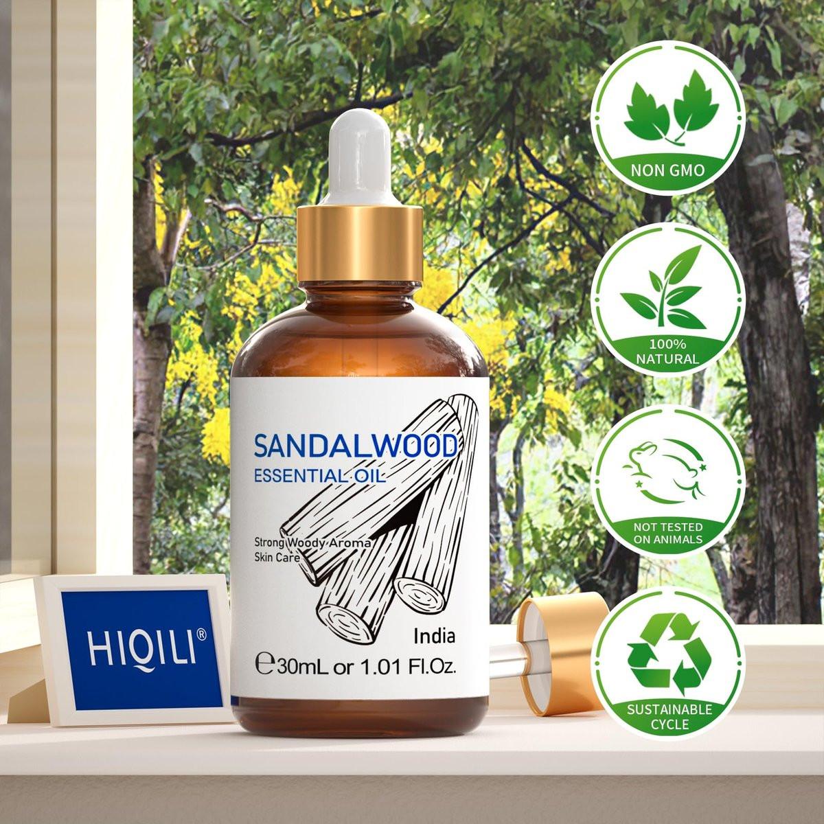 HIQILI Sandelholz Ätherisches Öl 30 ml, 100% rein natürlich therapeutische Qualität für Haut, Diffuser, Parfüm, Kerzen- und Seifenherstellung, inklusive hochwertiger Glaspipette