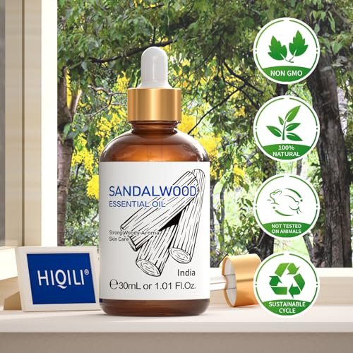 HIQILI Sandelholz Ätherisches Öl 30 ml, 100% rein natürlich therapeutische Qualität für Haut, Diffuser, Parfüm, Kerzen- und Seifenherstellung, inklusive hochwertiger Glaspipette