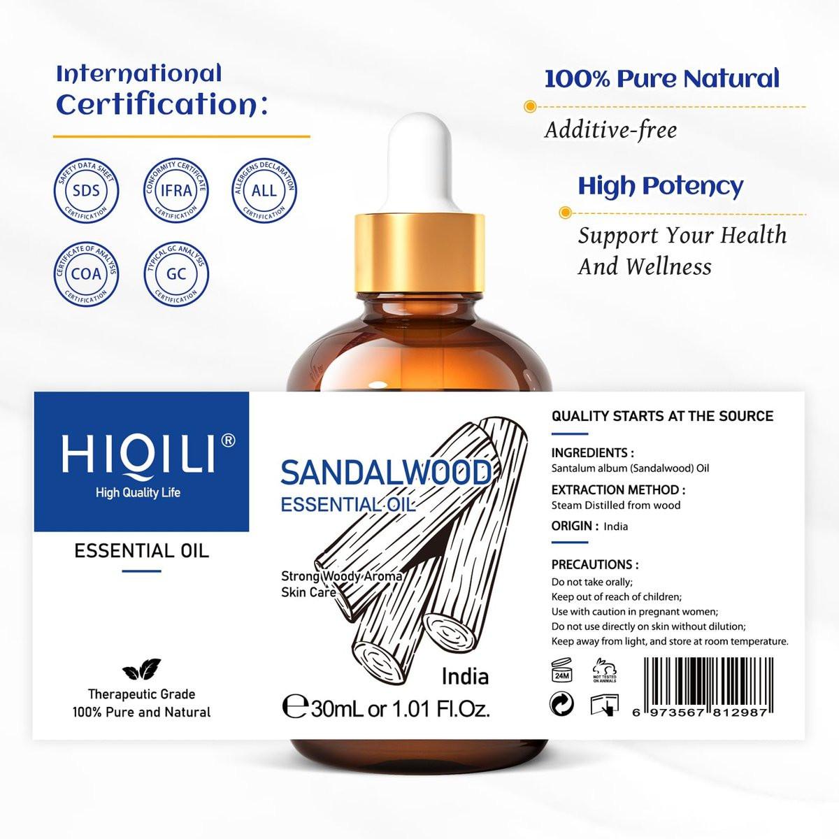 HIQILI Sandelholz Ätherisches Öl 30 ml, 100% rein natürlich therapeutische Qualität für Haut, Diffuser, Parfüm, Kerzen- und Seifenherstellung, inklusive hochwertiger Glaspipette