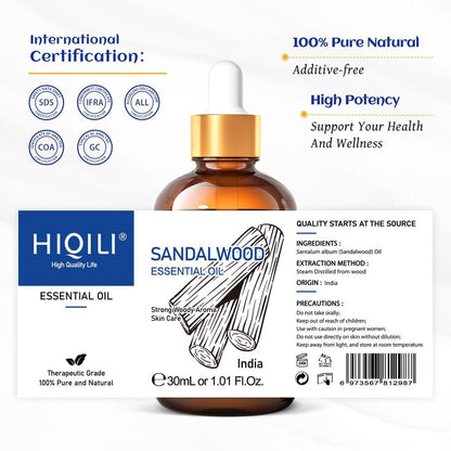 HIQILI Sandelholz Ätherisches Öl 30 ml, 100% rein natürlich therapeutische Qualität für Haut, Diffuser, Parfüm, Kerzen- und Seifenherstellung, inklusive hochwertiger Glaspipette