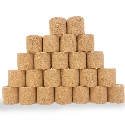 24 Stück Braune Atmungsaktive Selbstklebende Bandage 5 cm, Mehrzweck-Vlies-Kohäsivwickel - Tierbandage | Sporttape | Medizinisches Tape für Knöchelverstauchungen, Schwellungen, Haustiere