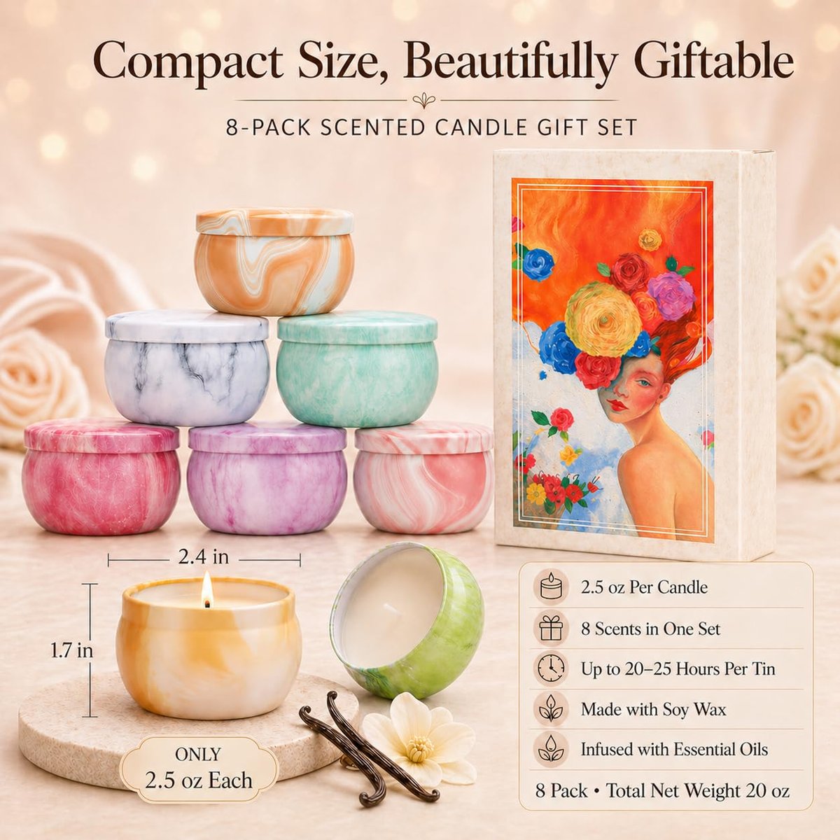 Duftkerzen Geschenkset für Frauen, 8er-Pack fruchtig-blumige Sojawachs-Aromatherapie-Kerzen, Reisekerzen in Künstlergeschenkbox, Geburtstagsgeschenke für Mama, Ehefrau, Schwester, Freundin, Muttertag, Weihnachten