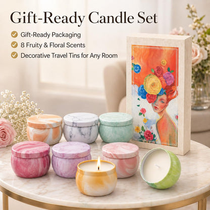 Duftkerzen Geschenkset für Frauen, 8er-Pack fruchtig-blumige Sojawachs-Aromatherapie-Kerzen, Reisekerzen in Künstlergeschenkbox, Geburtstagsgeschenke für Mama, Ehefrau, Schwester, Freundin, Muttertag, Weihnachten