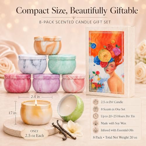 Duftkerzen Geschenkset für Frauen, 8er-Pack fruchtig-blumige Sojawachs-Aromatherapie-Kerzen, Reisekerzen in Künstlergeschenkbox, Geburtstagsgeschenke für Mama, Ehefrau, Schwester, Freundin, Muttertag, Weihnachten