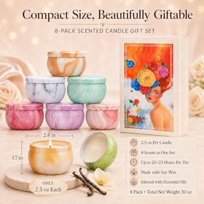 Duftkerzen Geschenkset für Frauen, 8er-Pack fruchtig-blumige Sojawachs-Aromatherapie-Kerzen, Reisekerzen in Künstlergeschenkbox, Geburtstagsgeschenke für Mama, Ehefrau, Schwester, Freundin, Muttertag, Weihnachten