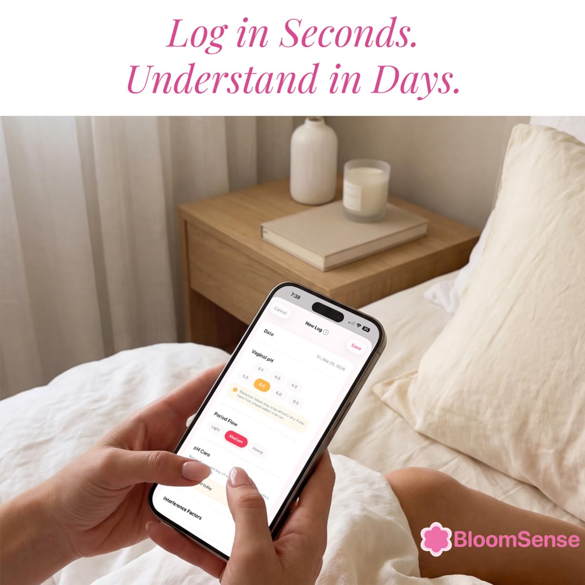NATURELAND Vaginal pH Teststreifen für Frauen – Heimtest für BV und Hefepilzinfektionen, mit BloomSense App, Genauigkeit 3,5-6,5, Folienversiegelt (80 Streifen)