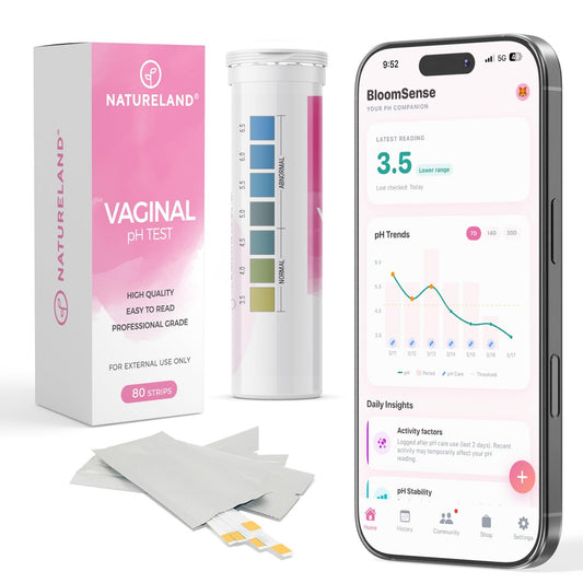 NATURELAND Vaginal pH Teststreifen für Frauen – Heimtest für BV und Hefepilzinfektionen, mit BloomSense App, Genauigkeit 3,5-6,5, Folienversiegelt (80 Streifen)