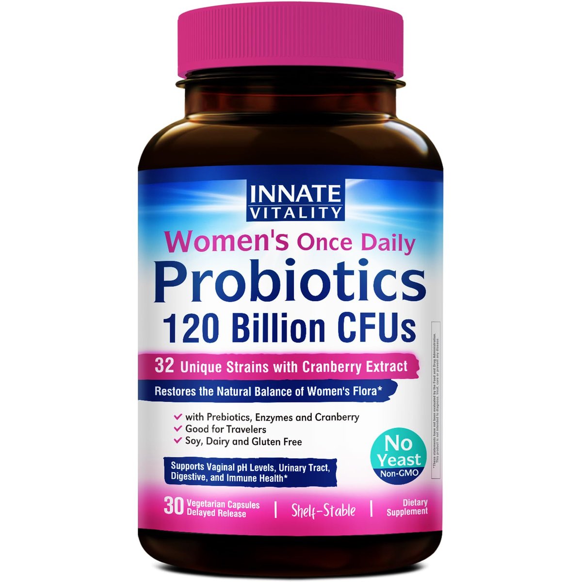 Innate Vitality Frauen Probiotika, 120 Milliarden KBE, 32 getestete Stämme, Probiotika für Frauen, Hefepilzkontrolle, vaginale pH-Unterstützung, Präbiotika, Verdauungsenzyme, Cranberry, einmal täglich 30 vegane Kapseln