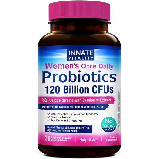 Innate Vitality Frauen Probiotika, 120 Milliarden KBE, 32 getestete Stämme, Probiotika für Frauen, Hefepilzkontrolle, vaginale pH-Unterstützung, Präbiotika, Verdauungsenzyme, Cranberry, einmal täglich 30 vegane Kapseln