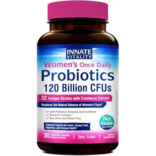 Innate Vitality Frauen Probiotika, 120 Milliarden KBE, 32 getestete Stämme, Probiotika für Frauen, Hefepilzkontrolle, vaginale pH-Unterstützung, Präbiotika, Verdauungsenzyme, Cranberry, einmal täglich 30 vegane Kapseln