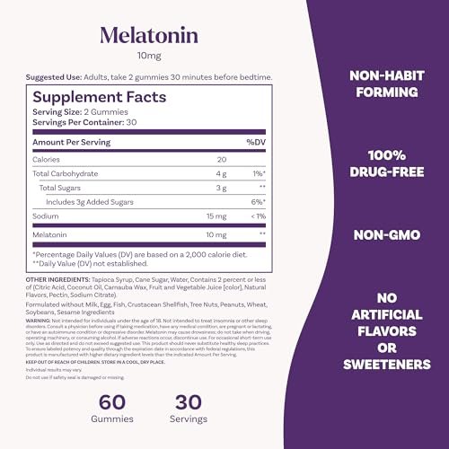 Natrol 10mg Melatonin Gummis – Einschlafhilfe für Erwachsene, 60 Erdbeer-Gummis, 30-Tage-Vorrat