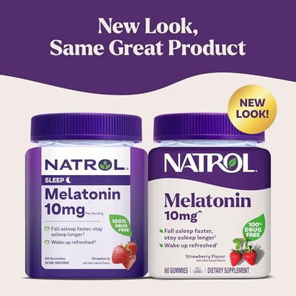 Natrol 10mg Melatonin Gummis – Einschlafhilfe für Erwachsene, 60 Erdbeer-Gummis, 30-Tage-Vorrat