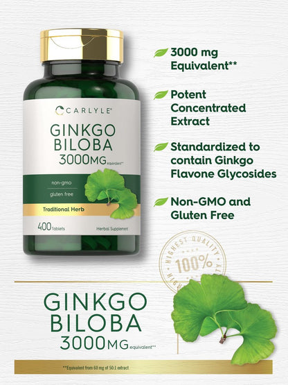 Carlyle Ginkgo Biloba | 400 Tabletten | Nicht-GVO, Glutenfreies pflanzliches Nahrungsergänzungsmittel