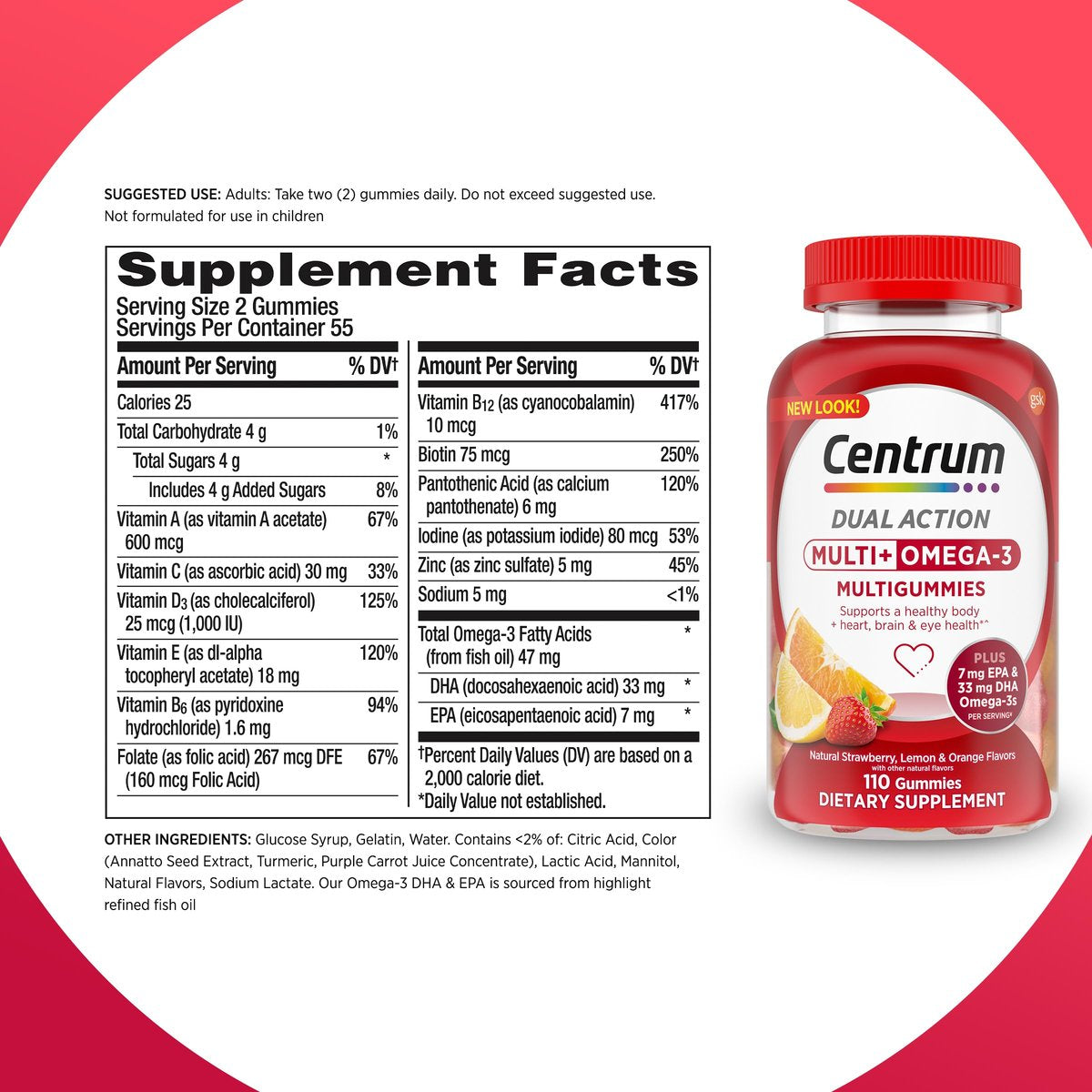 Centrum MultiGummies Multi+ Omega 3 Dual Action – Erwachsenen-Multivitamin mit Omega-3, Erdbeer-Zitronen-Orangen-Geschmack, 110 Stück