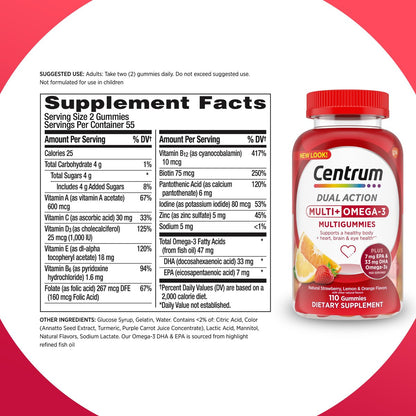 Centrum MultiGummies Multi+ Omega 3 Dual Action – Erwachsenen-Multivitamin mit Omega-3, Erdbeer-Zitronen-Orangen-Geschmack, 110 Stück