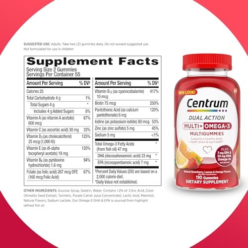 Centrum MultiGummies Multi+ Omega 3 Dual Action – Erwachsenen-Multivitamin mit Omega-3, Erdbeer-Zitronen-Orangen-Geschmack, 110 Stück