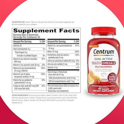 Centrum MultiGummies Multi+ Omega 3 Dual Action – Erwachsenen-Multivitamin mit Omega-3, Erdbeer-Zitronen-Orangen-Geschmack, 110 Stück