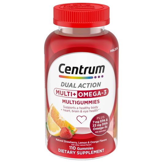 Centrum MultiGummies Multi+ Omega 3 Dual Action – Erwachsenen-Multivitamin mit Omega-3, Erdbeer-Zitronen-Orangen-Geschmack, 110 Stück