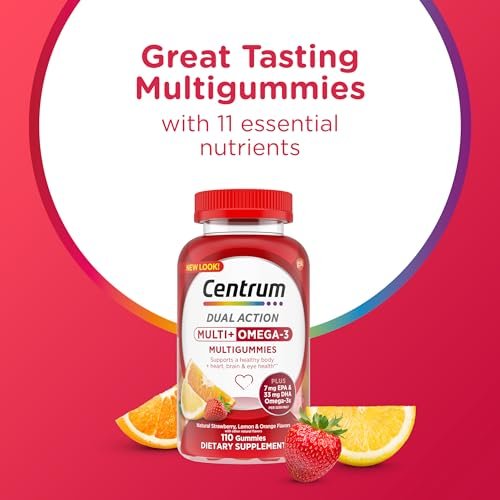 Centrum MultiGummies Multi+ Omega 3 Dual Action – Erwachsenen-Multivitamin mit Omega-3, Erdbeer-Zitronen-Orangen-Geschmack, 110 Stück