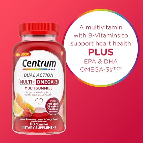 Centrum MultiGummies Multi+ Omega 3 Dual Action – Erwachsenen-Multivitamin mit Omega-3, Erdbeer-Zitronen-Orangen-Geschmack, 110 Stück