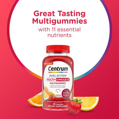 Centrum MultiGummies Multi+ Omega 3 Dual Action – Erwachsenen-Multivitamin mit Omega-3, Erdbeer-Zitronen-Orangen-Geschmack, 110 Stück