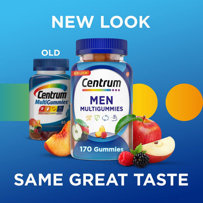 Centrum MultiGummies Gummie-Multivitamin für Männer, Multivitamin-/Mineralstoffpräparat mit Selen, Antioxidantien und Vitamin D3, gemischter Fruchtgeschmack – 170 Stück