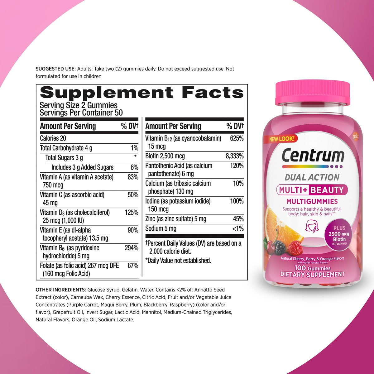 Centrum MultiGummies Multi+ Omega 3 Dual Action – Erwachsenen-Multivitamin mit Omega-3, Erdbeer-Zitronen-Orangen-Geschmack, 110 Stück