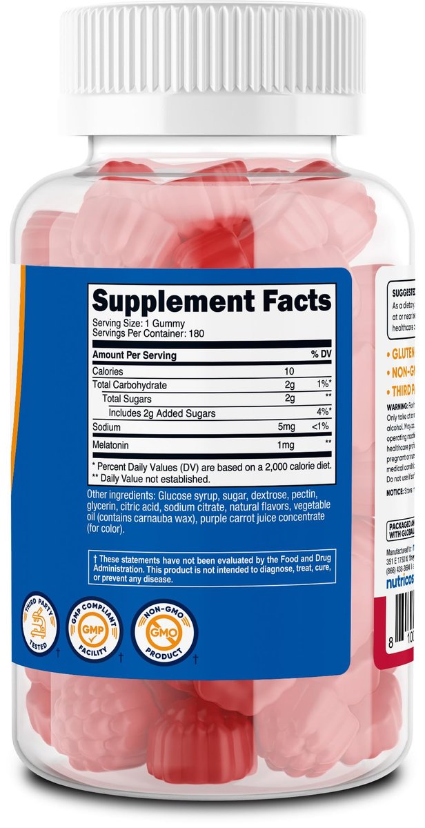 Nutricost Melatonin 1mg, 180 Gummis, Erdbeergeschmack – Glutenfrei, Nicht-GVO, Ohne Maissirup