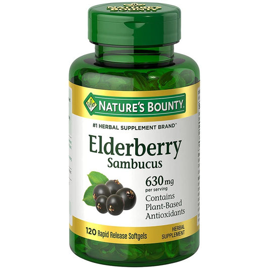 Nature's Bounty Sambucus Holunder Kräuterergänzung, Rapid Release Softgels, 630 mg pro Portion, 120 Stück