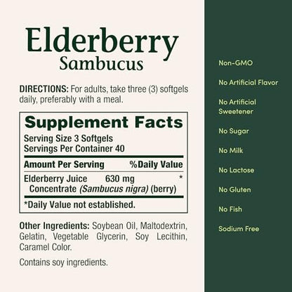 Nature's Bounty Sambucus Holunder Kräuterergänzung, Rapid Release Softgels, 630 mg pro Portion, 120 Stück