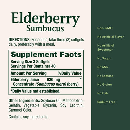 Nature's Bounty Sambucus Holunder Kräuterergänzung, Rapid Release Softgels, 630 mg pro Portion, 120 Stück