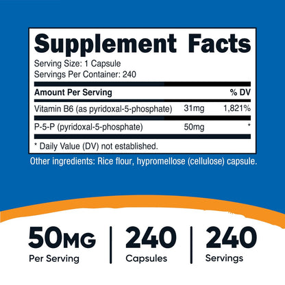 Nutricost P5P Vitamin B6 Supplement 50mg, 240 Kapseln (Pyridoxal-5-Phosphat) - Vegetarierfreundlich, Nicht-GVO, Glutenfrei