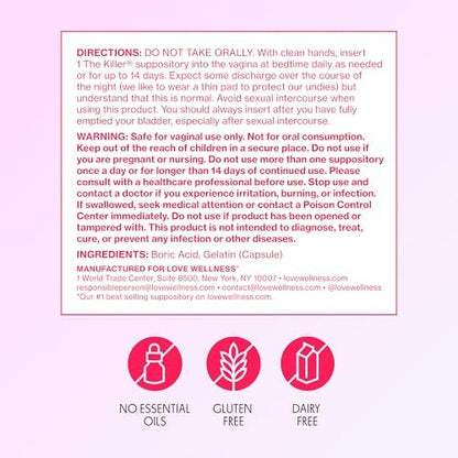 Love Wellness The Killer | Borsäure-Vaginalzäpfchen | pH-Balance & Geruchskontrolle für eine gesunde Vaginalflora | Schnell wirkend & parfümfrei | Sanft & effektiv | 14 Stück