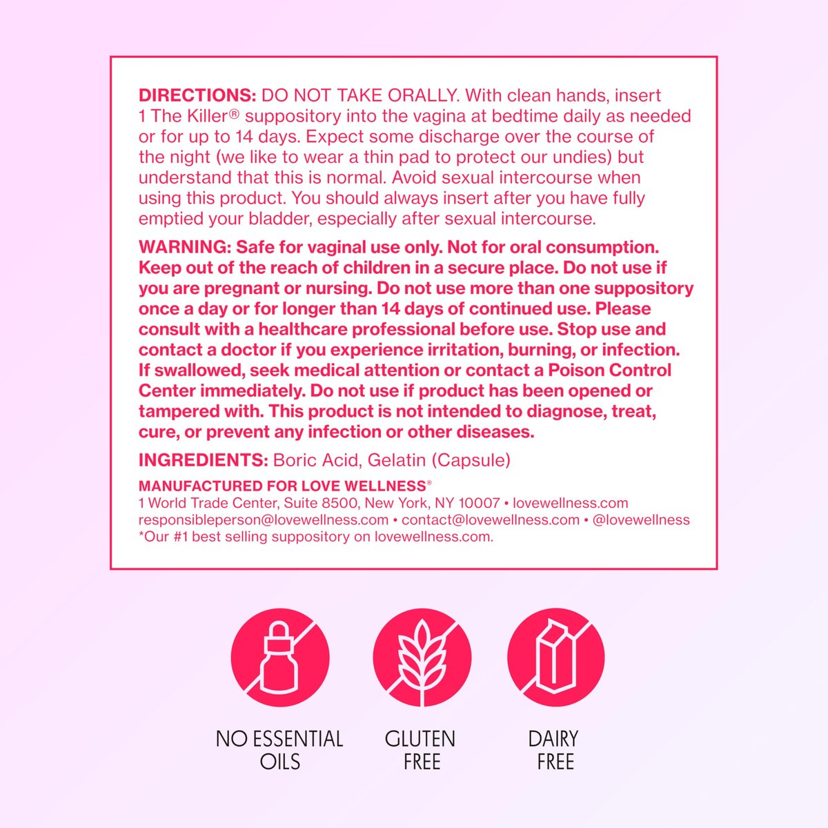 Love Wellness The Killer | Borsäure-Vaginalzäpfchen | pH-Balance & Geruchskontrolle für eine gesunde Vaginalflora | Schnell wirkend & parfümfrei | Sanft & effektiv | 14 Stück