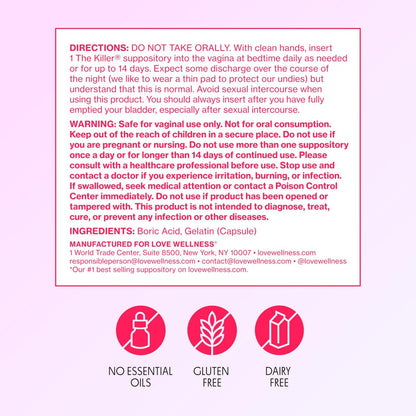 Love Wellness The Killer | Borsäure-Vaginalzäpfchen | pH-Balance & Geruchskontrolle für eine gesunde Vaginalflora | Schnell wirkend & parfümfrei | Sanft & effektiv | 14 Stück